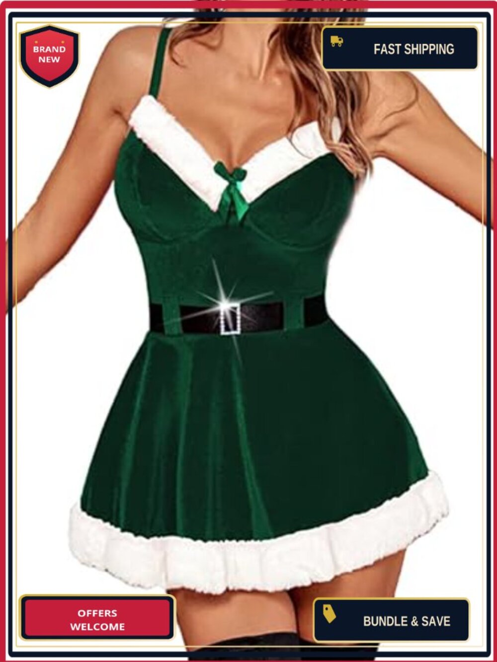 Velvet Santa Babydoll Chemise Set Fur Trim Thong Adjustable Strap